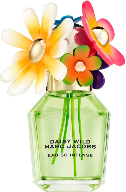 Kleurrijke bloemvormige luchtverfrisser in een groene glazen fles, label Daisy Wild Marc Jacobs, Eau So Intense.