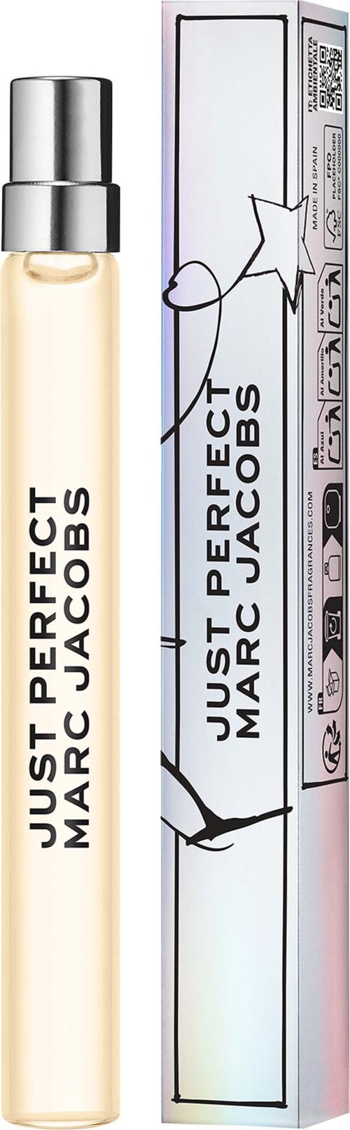 A fragrance roller bottle with a silver cap next to its tall, white box packaging with black and pink accents.