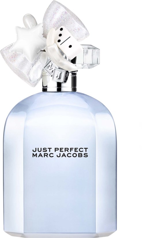 A light blue perfume bottle with a decorative top featuring a star, bow, and a white silicone-like charm, labeled Just Perfect Marc Jacobs.