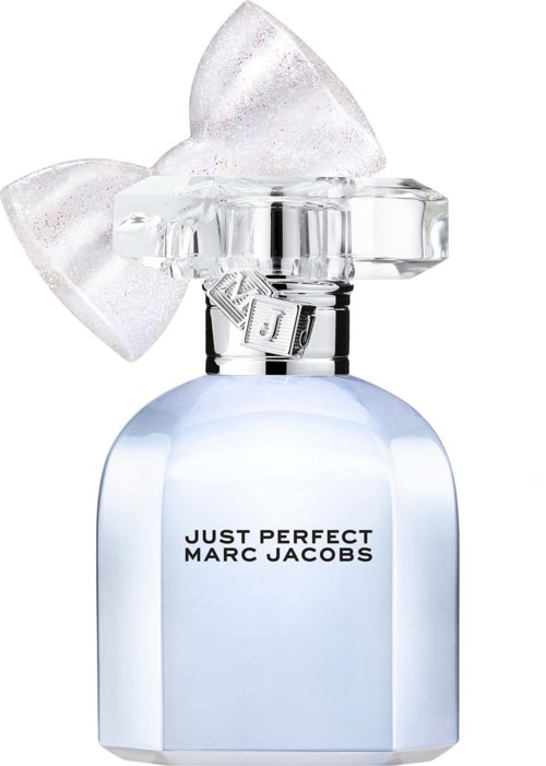 A perfume bottle with a large clear bow and a crystal-like cap, labeled Just Perfect by Marc Jacobs.