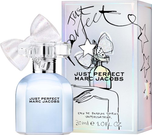A light blue perfume bottle with a white bow, next to a colorful box with playful illustrations and text.