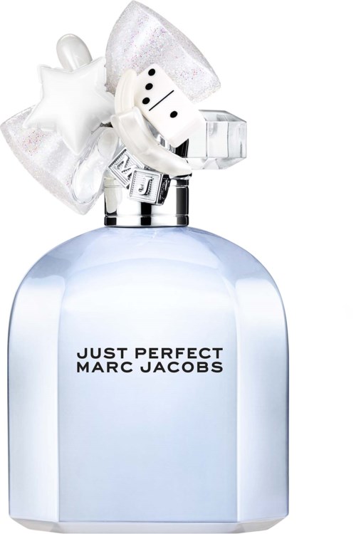 A perfume bottle with a white star-shaped cap and playful figurines on top, labeled Just Perfect Marc Jacobs.
