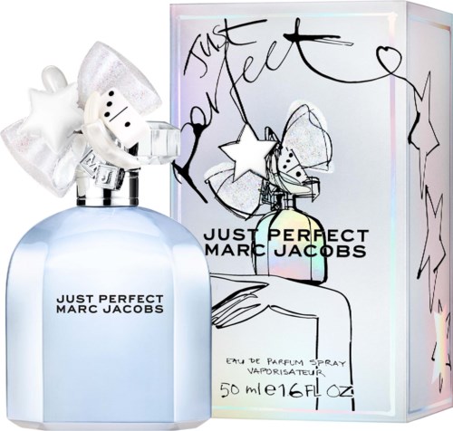 A Marc Jacobs perfume bottle with a star-shaped ribbon and a box with handwritten-style art and text.