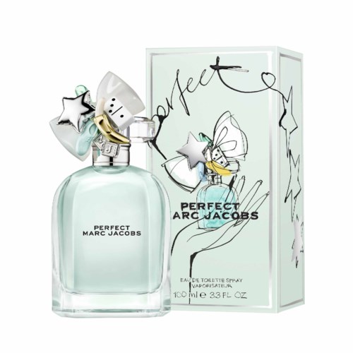 Een parfumfles met sterren en een schattig stripfiguurtje op de verpakking. De tekst zegt 'Perfect Marc Jacobs' en 'Eau de Toilette'.