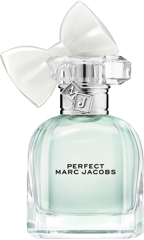 Een parfumfles met strik op de dop en de woorden 'Perfect Marc Jacobs' op de voorkant.