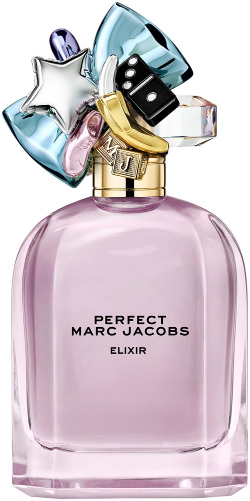 Een roze parfumfles met kleurrijke bedels en een ster op het deksel.