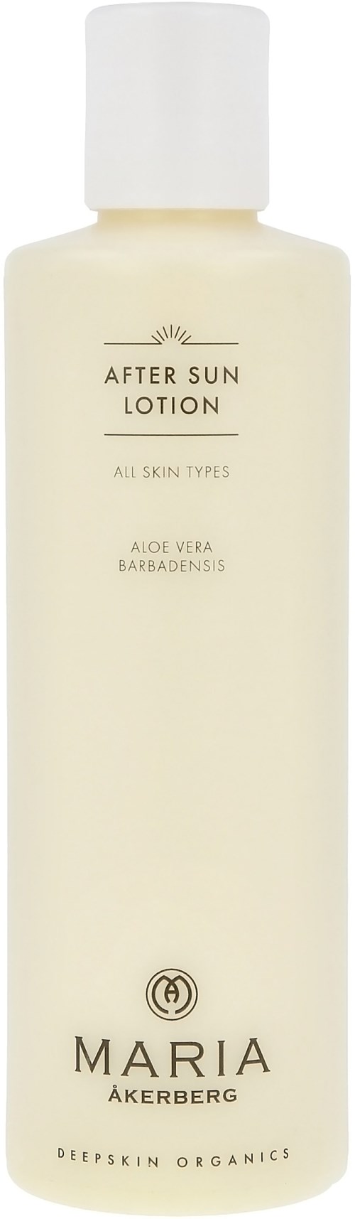 Eine weiße Flasche After Sun Lotion von Maria Åkerberg mit Aloe Vera, geeignet für alle Hauttypen.