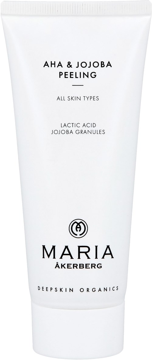 Een witte huidverzorgingsbuis met zwarte tekst, gelabeld als AHA & Jojoba Peeling voor alle huidtypes.