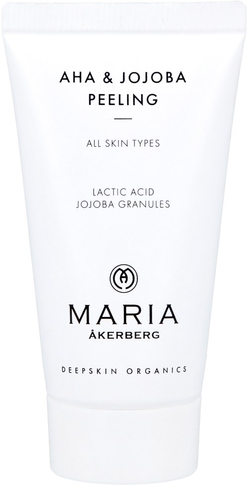 Witte tube met huidverzorgingsproduct, zwarte tekst, merk en ingrediënten zoals AHA, Jojoba en Melkzuur.