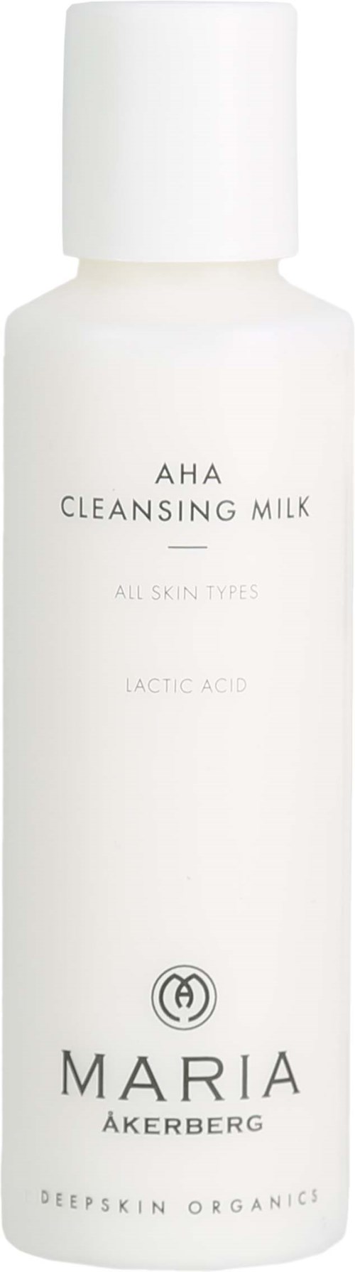 A white bottle labeled 'AHA Cleansing Milk' for all skin types with lactic acid. Brand name is Maria Åkerberg.