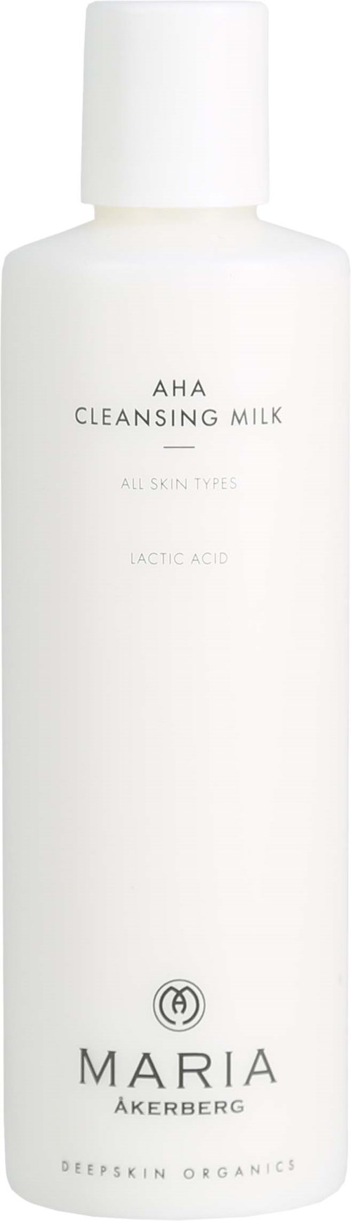 A white bottle labeled 'AHA Cleansing Milk' by Maria Åkerberg, for all skin types, with active ingredients mention.