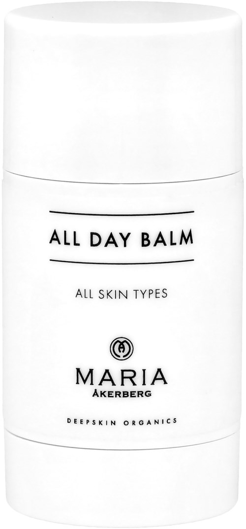 Een witte container met label "All Day Balm" voor alle huidtypes door Maria Akeregberg, gemaakt door Deep Skin Organics.
