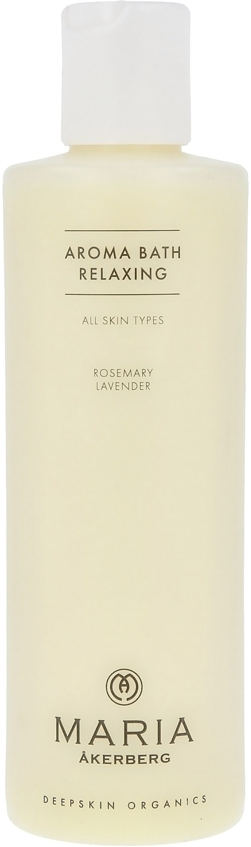 Eine weiße Flasche mit dem Label Aroma Bath Relaxing, Lavendelduft, geeignet für alle Hauttypen, von Maria Åkerberg.