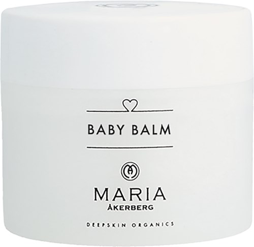 Weiße Dose mit 'Baby Balm' von Maria Akerberg, schlichtes Design.