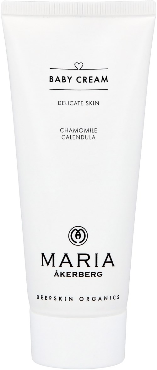 White tube labeled Baby Cream with chamomile and calendula for delicate skin. Brand is Maria Åkerberg. Organic product.