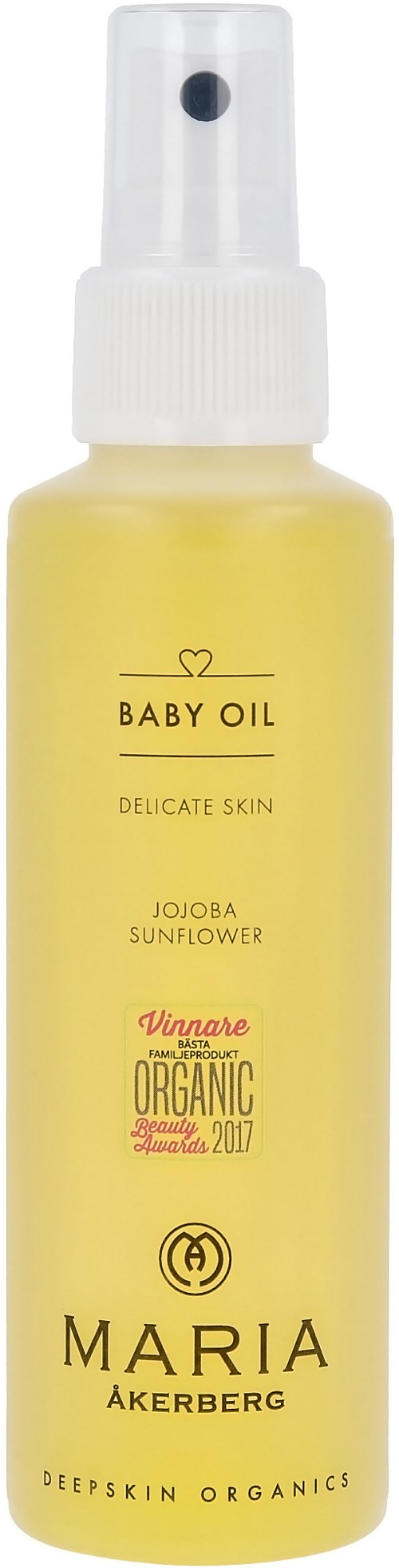 A yellow spray bottle labeled 'Baby Oil, Jojoba Sunflower, Organic, Maria Åkerberg, Deep Skin Organics.'
