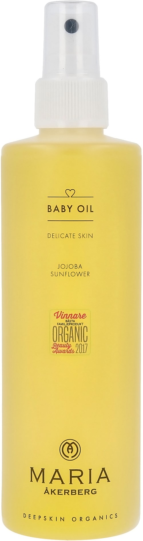Yellow bottle with spray top, labeled as baby oil with sunflower and jojoba. Organic and gentle for skin.