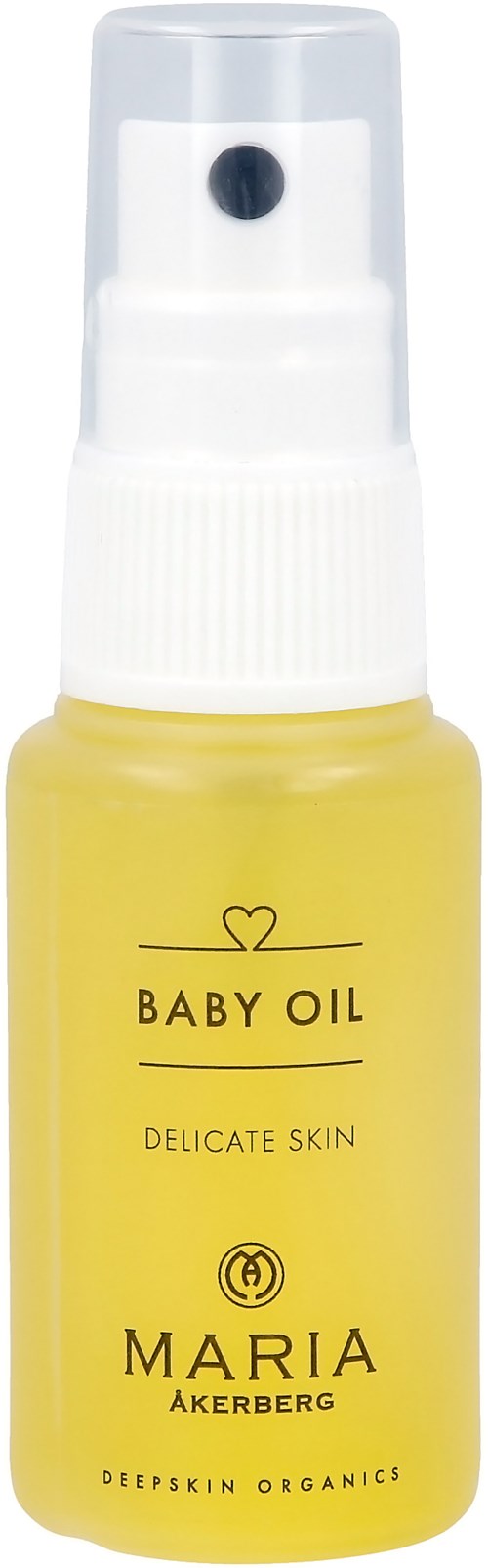 Kleine gelbe Sprühflasche mit Beschriftung 'Baby Oil' für empfindliche Haut, mit weißen Pumpkopf.