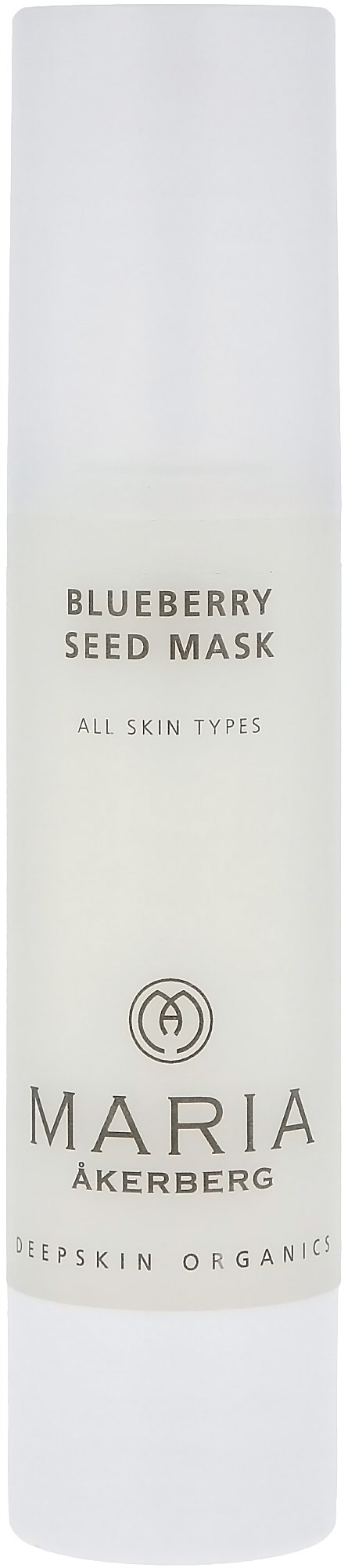 A tall white bottle labeled 'Blueberry Seed Mask' by Maria Åkerberg, suitable for all skin types. Contains organic ingredients.