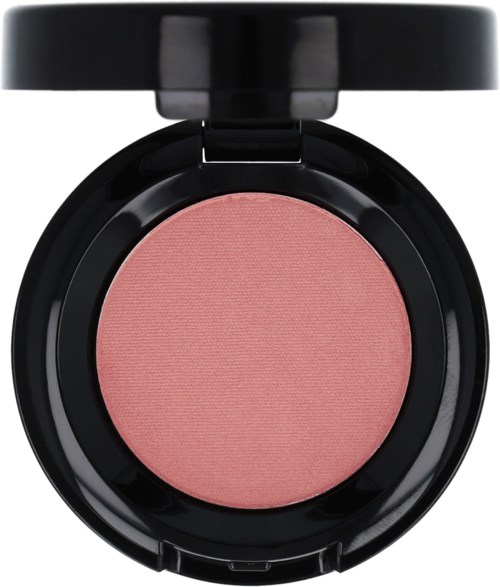 A round pink blush in a black makeup container with a flip lid.