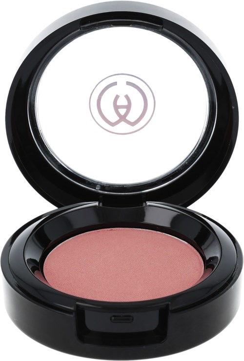 A round compact with pink blush and black lid, opened to show a mirror inside.