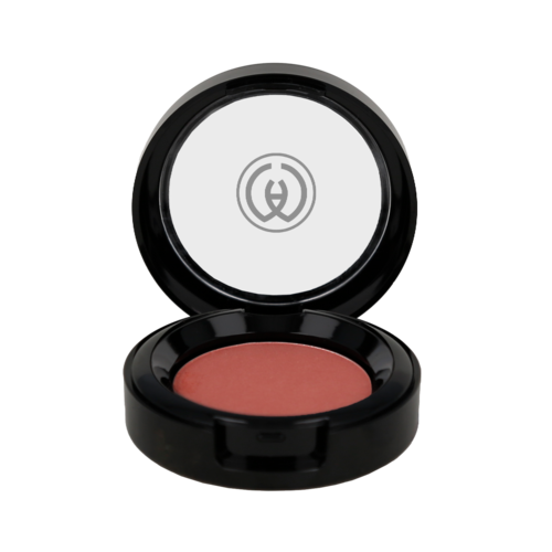 A compact makeup blush in a round black case with a mirror inside the lid.