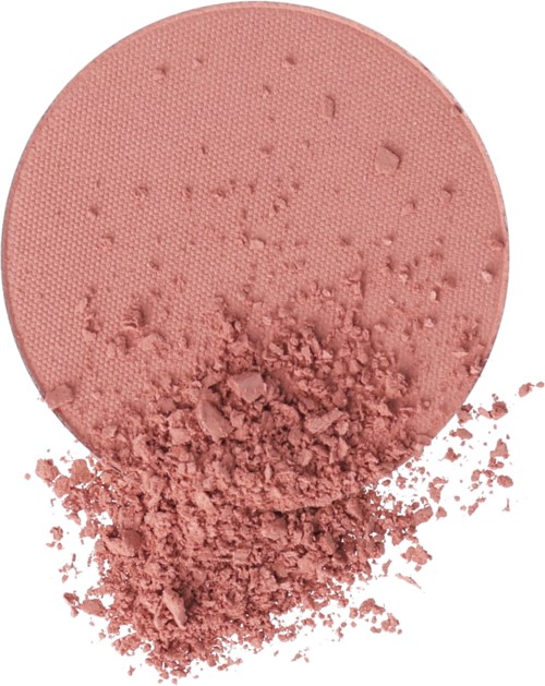 A round pink makeup blush with some powder spilled around it.