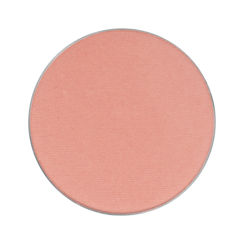 A round, light pink makeup blush compact with a smooth surface.