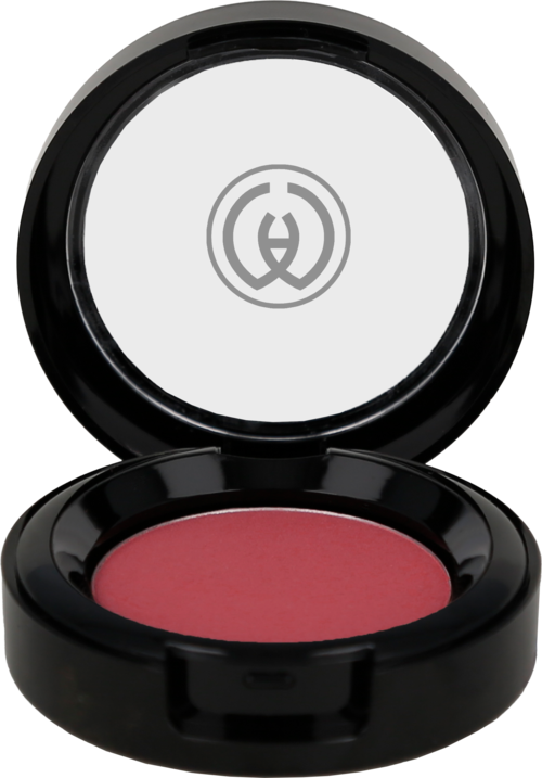 Round makeup container with red blush inside and a logo on the lid.