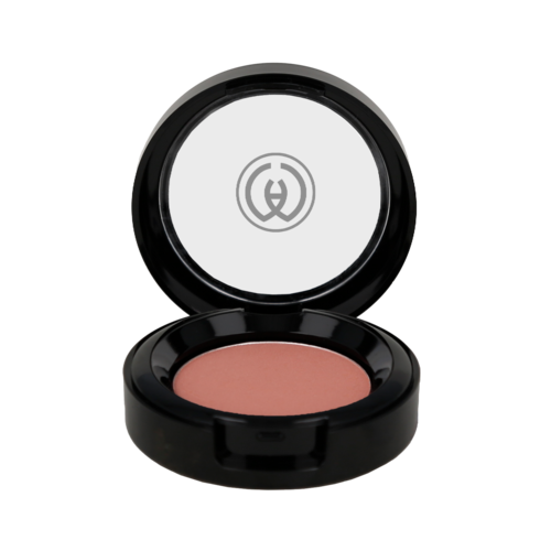 A round makeup compact open, showing pink blush inside, with a black outer case and logo on the lid.