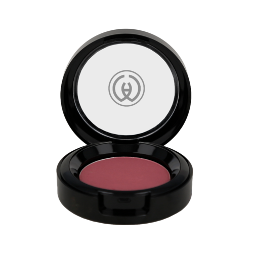 Pink blush in a round black compact with a mirror inside the lid.