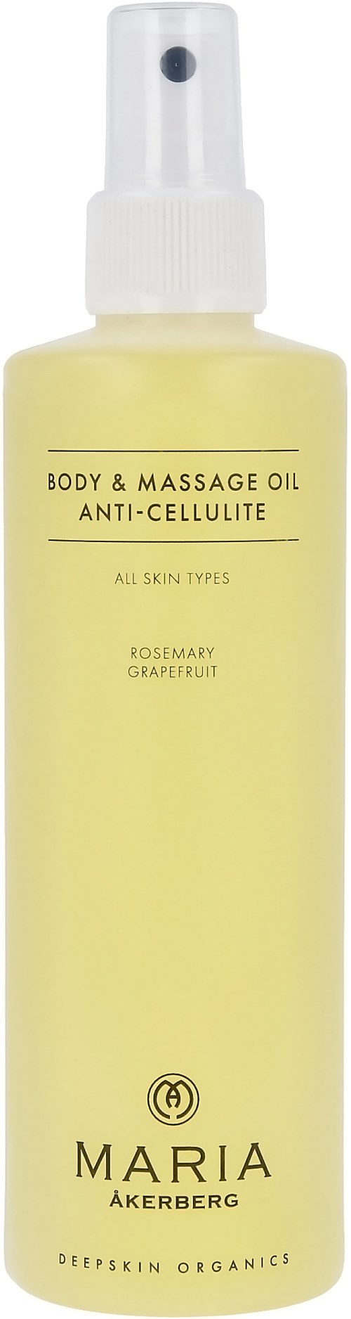 Gelbe Flasche mit Sprühkopf, Kennzeichnung für Körper- und Massageöl, gegen Cellulite, mit Rosmarin und Grapefruit.