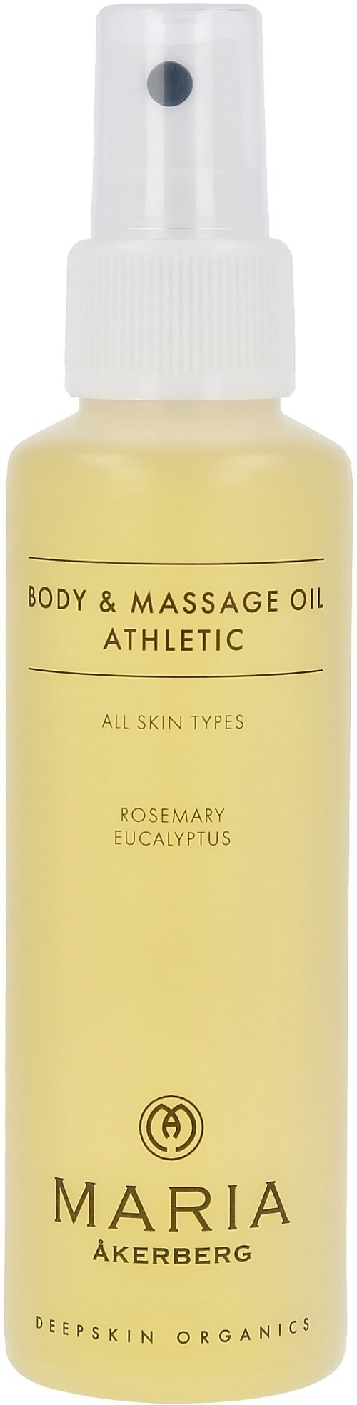 Eine Sprühflasche mit Körper- und Massageöl, Rosmarin und Eukalyptus, geeignet für alle Hauttypen.