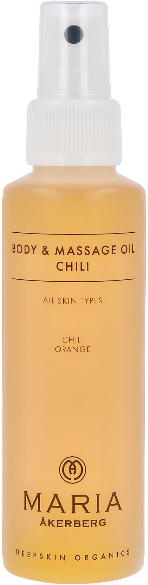 A bottle of body and massage oil named Chili with a spray cap, suitable for all skin types, with orange color.
