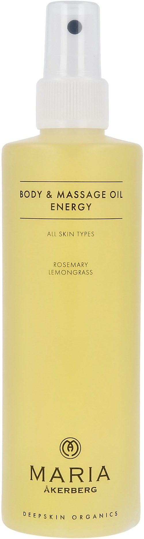 Eine Flasche Körper- und Massageöl mit Energieetikett und Duft von Rosmarin und Zitronengras.