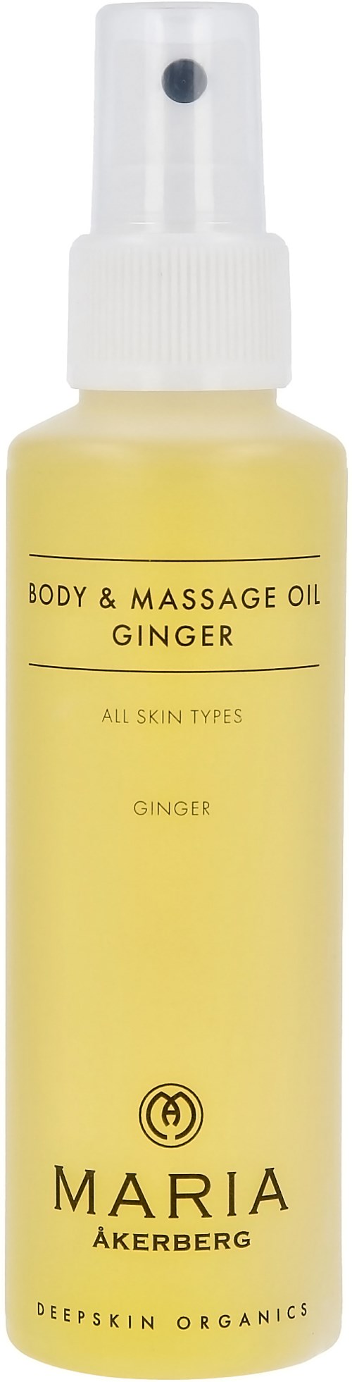 En gul sprayflaska märkt som kropp- och massageolja med ingefära, för alla hudtyper, av Maria Åkerberg.