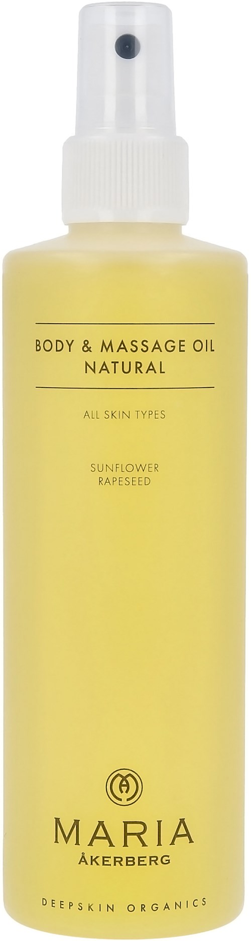 Eine Sprühflasche mit Körper- und Massageöl, gelbe Flüssigkeit, für alle Hauttypen, mit Sonnenblumen- und Rapsöl.