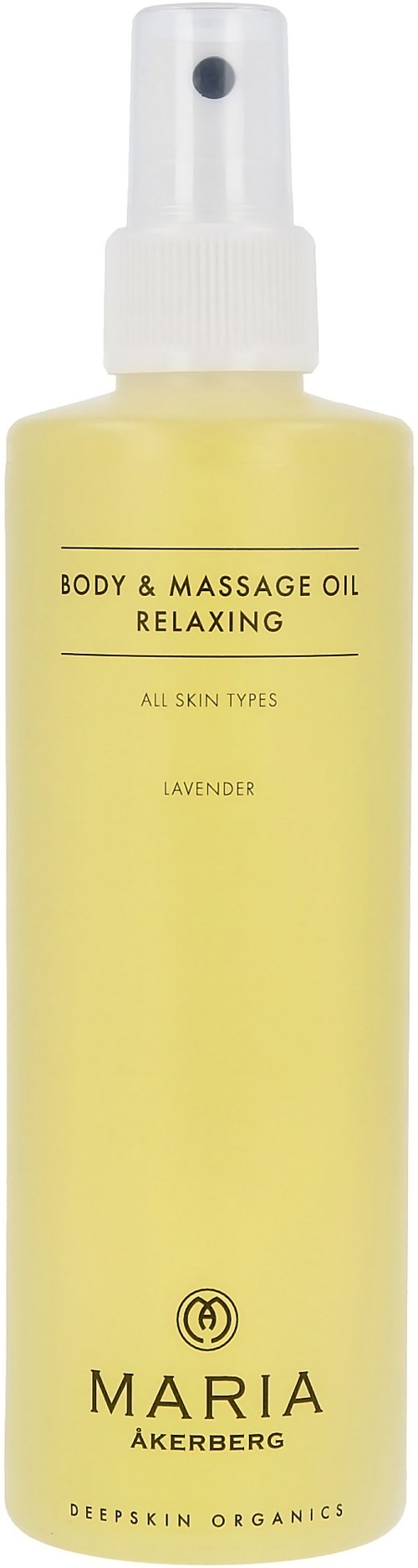 Een gele body- en massagedosiersprayfles met witte spraydop, gelabeld voor rustgevende lavendelgeur, voor alle huidtypen.