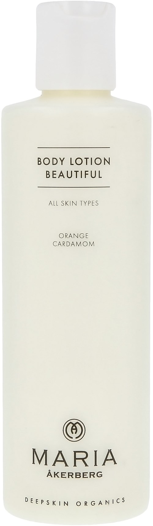 Weiße Körperlotionflasche mit schwarzem Text, beschriftet 'Beautiful', 'Alle Hauttypen', mit Duft von Orange und Kardamom.