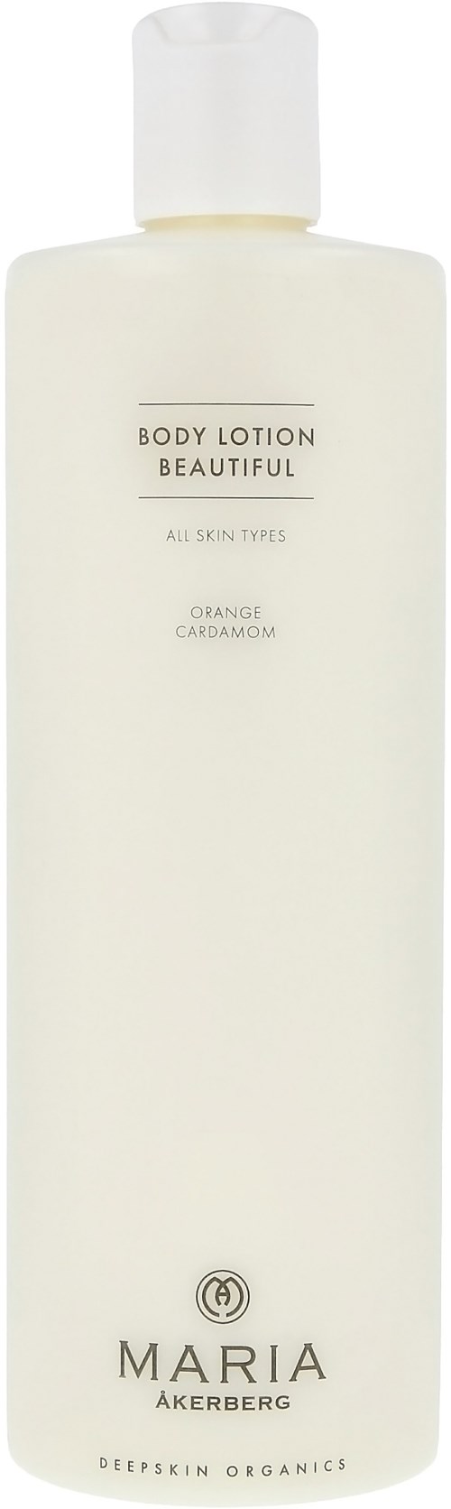 Eine weiße Flasche mit dem Label 'Body Lotion Beautiful', weißem Deckel. Für alle Hauttypen, mit Orange und Kardamom.