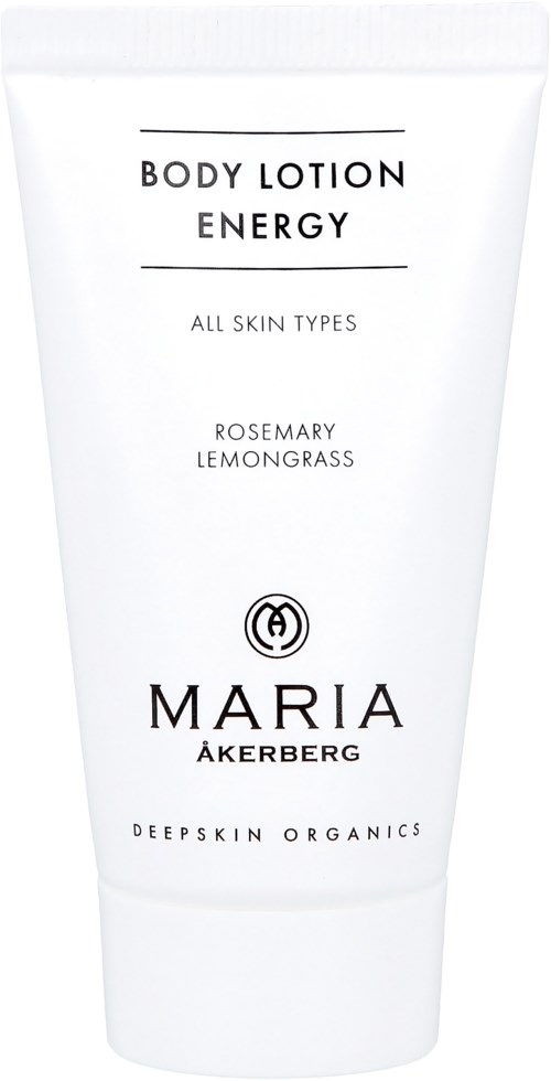 Een witte tube lichaamslotion met zwarte tekst, label bevat 'Energy,' 'All Skin Types' en 'Rosemary Lemongrass.'