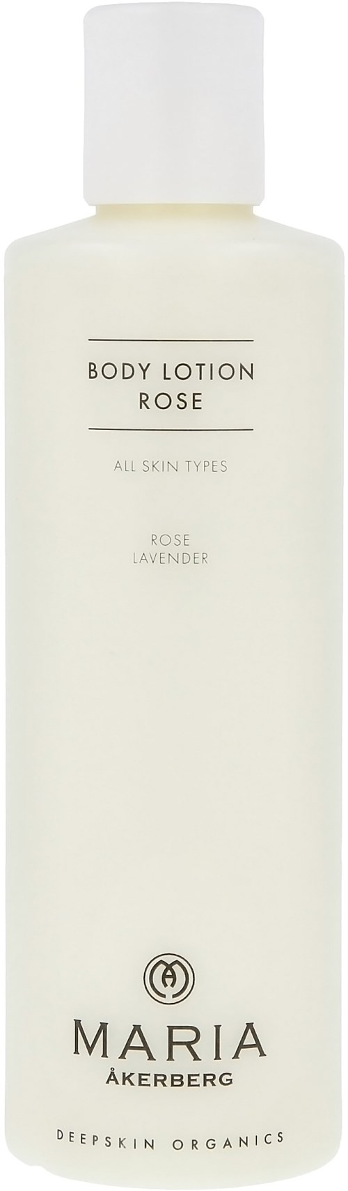 Eine weiße Flasche mit Body-Lotion 'Rose' von Maria Åkerberg, geeignet für alle Hauttypen mit Rosé und Lavendel Duft.