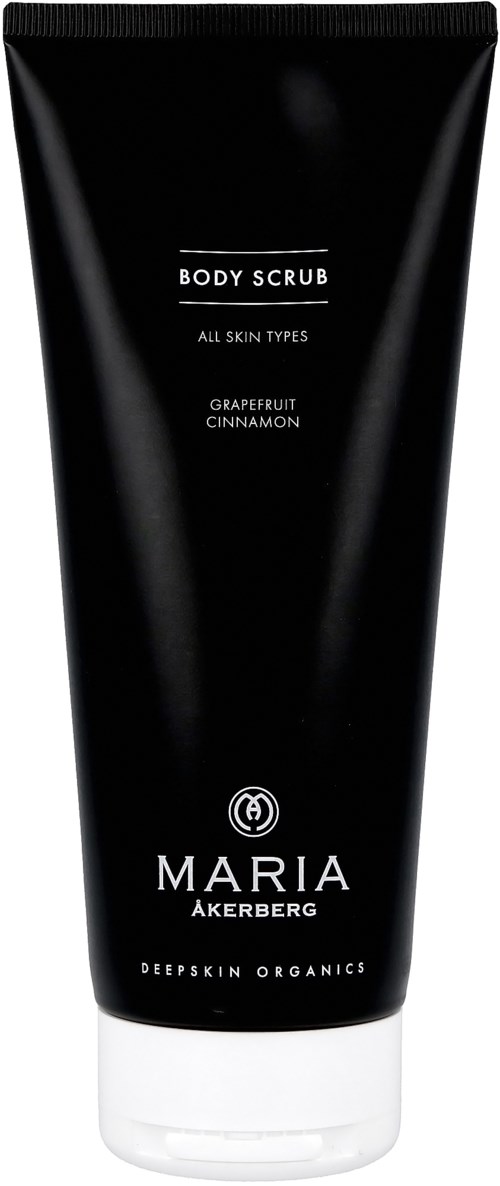 Schwarche Body Scrub-Tube mit weißem Deckel, Duft nach Grapefruit-Zimt, für alle Hauttypen.