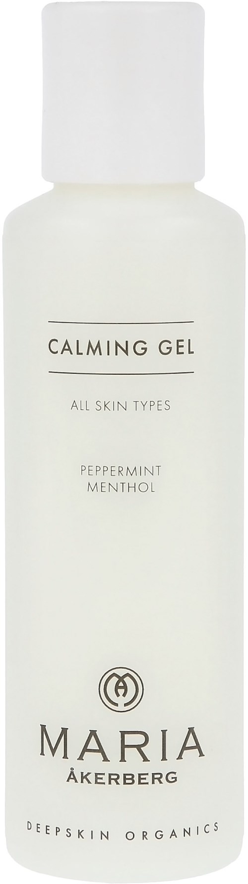 Eine weiße Flasche mit dem Etikett 'Calming Gel' mit Pfefferminz und Menthol, geeignet für alle Hauttypen von Maria Åkerberg.