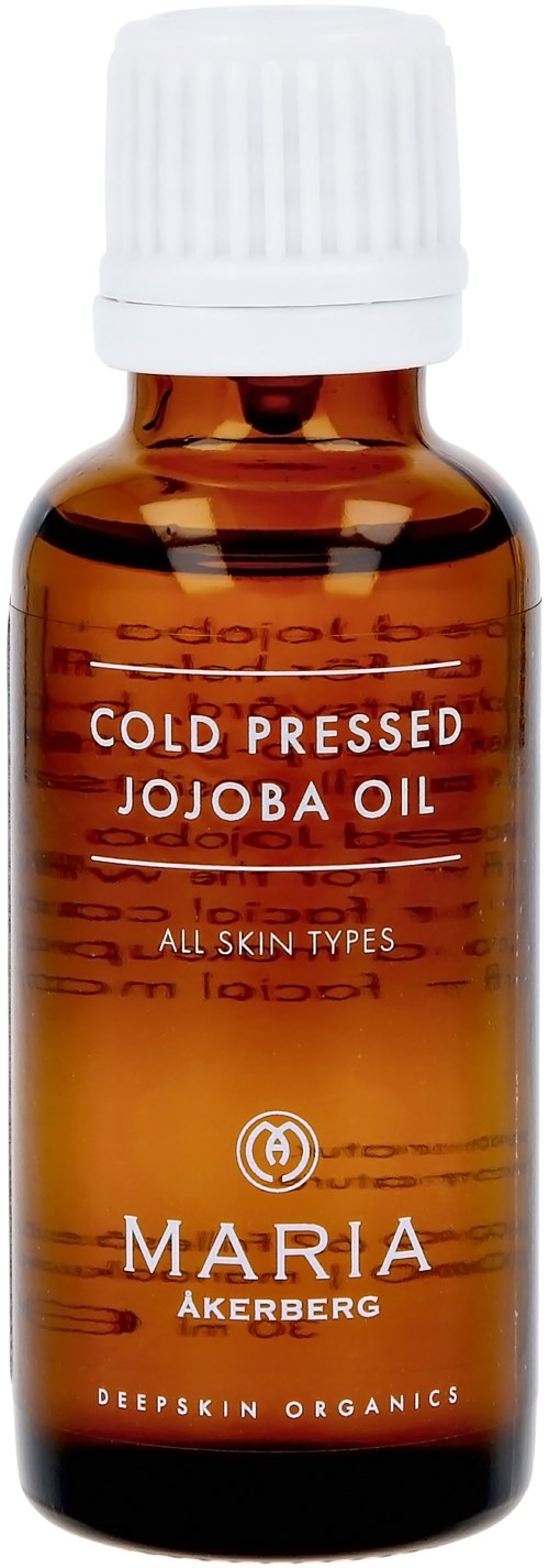 Bruine fles met Maria Akerberg koudgeperste jojobaolie voor alle huidtypen met witte dop.