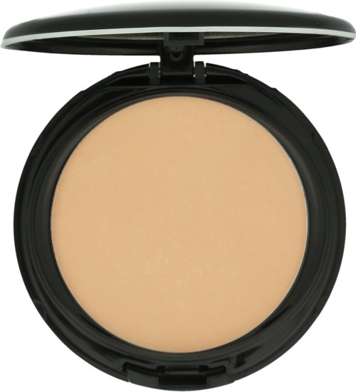 Een compact poederdoos met een open deksel die een beige pressed poeder binnenin toont.