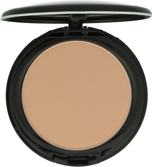 A round makeup compact with beige powder, open lid, in black case.
