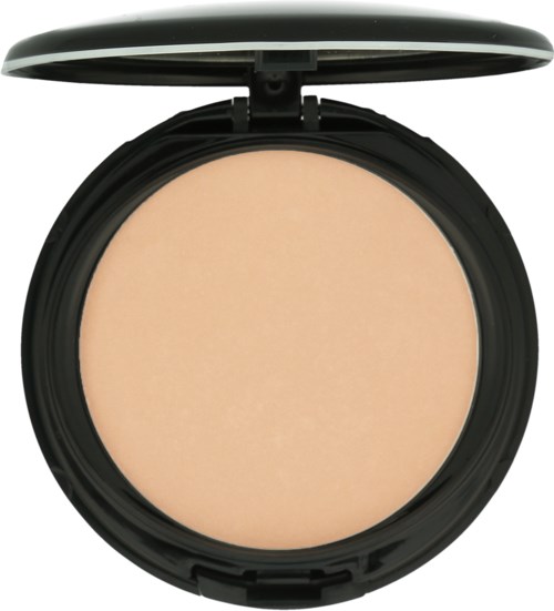 A round compact with a beige powder inside, open lid showing the pressed powder.
