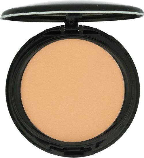 Een compacte make-up poederdoos met open deksel, met licht beige pressed poeder erin.