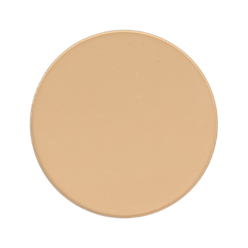 A beige round makeup powder compact with no visible brand or text. It is simple and plain.